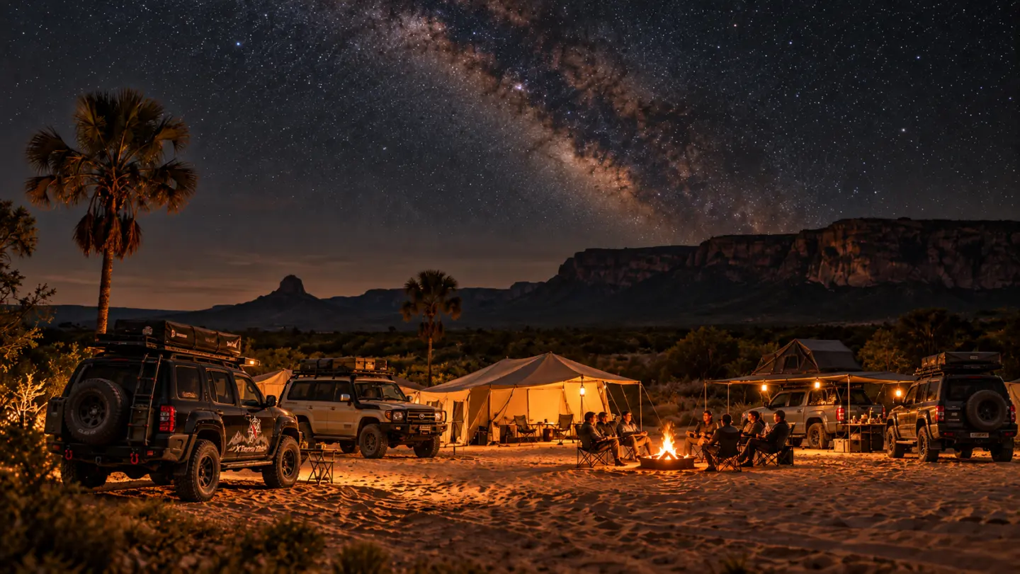 Cena ilustrativa de acampamento noturno com veículos 4x4