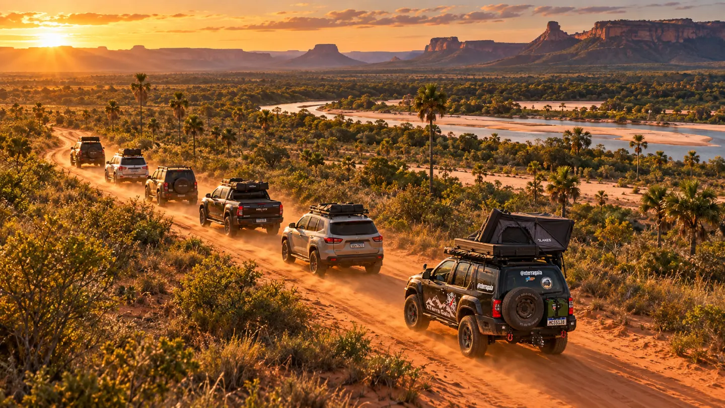 Cena ilustrativa de comboio 4x4 atravessando estrada de terra
